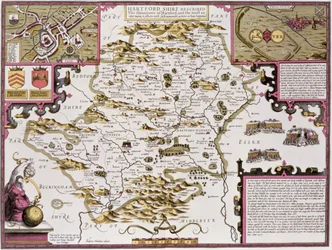 Hartfordshire und die Lage von Hartford, graviert von Jodocus Hondius (1563-1612) aus John Speed